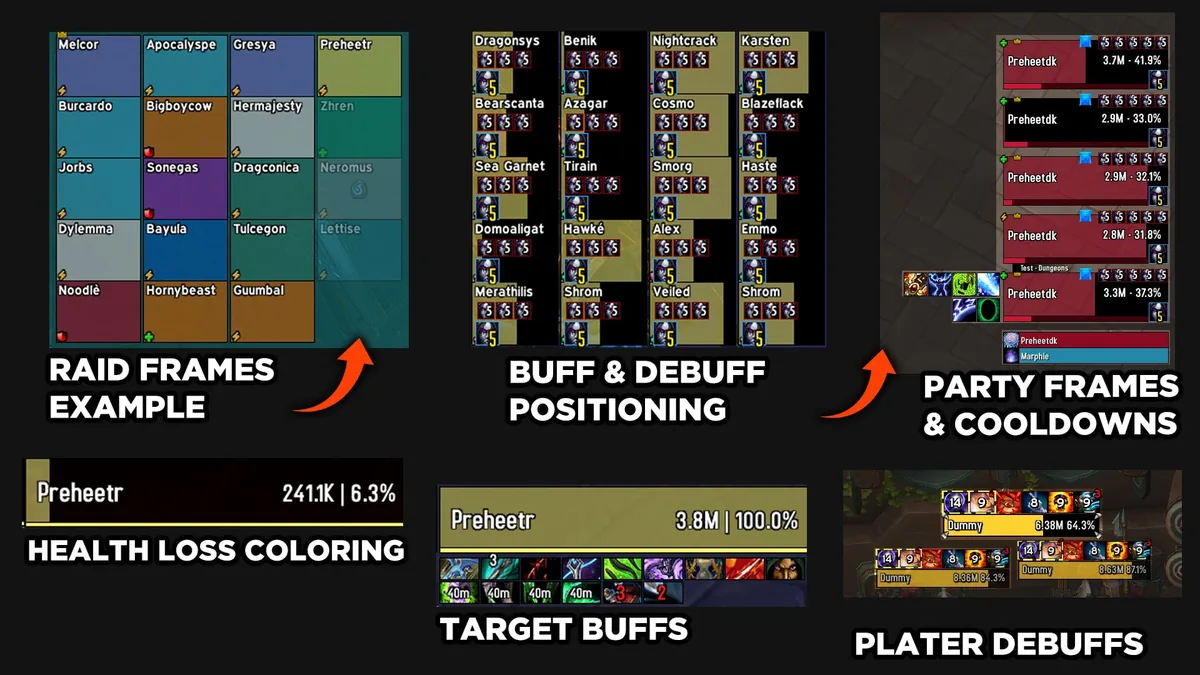 Comparaison MitchUI avec cadres de raid, groupe, améliorations et affaiblissements