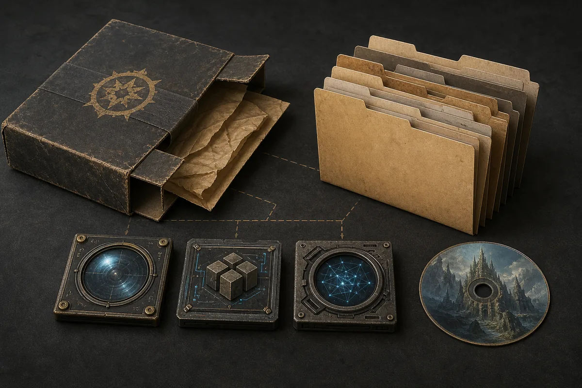 Illustration of a legacy addon archive, folders and modular interface components