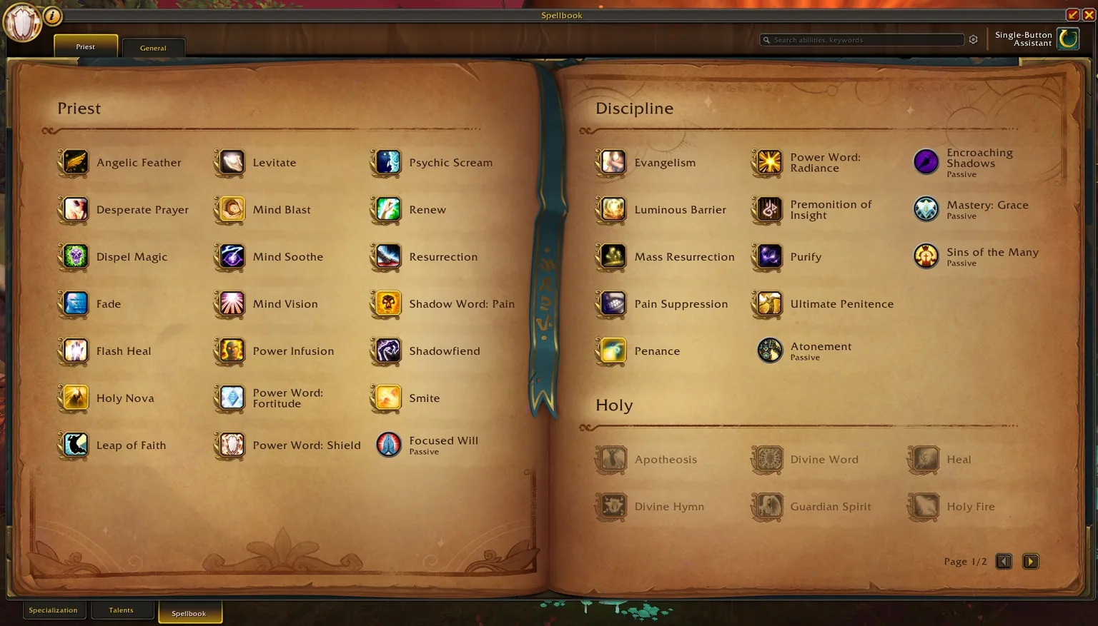 World of Warcraft Spellbook showing the Single-Button Assistant entry