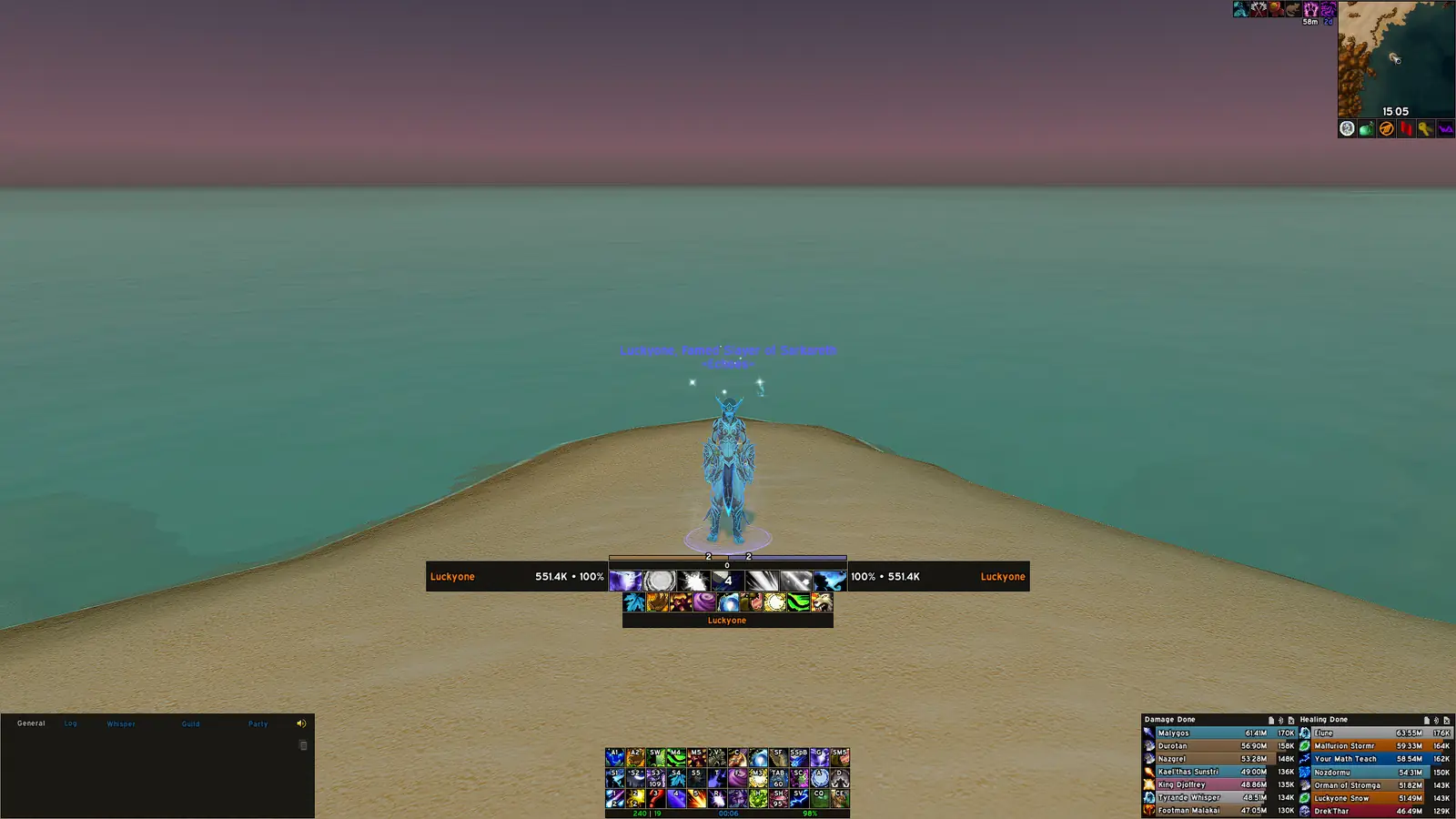 ElvUI interface showing action bars, unit frames, chat and minimap