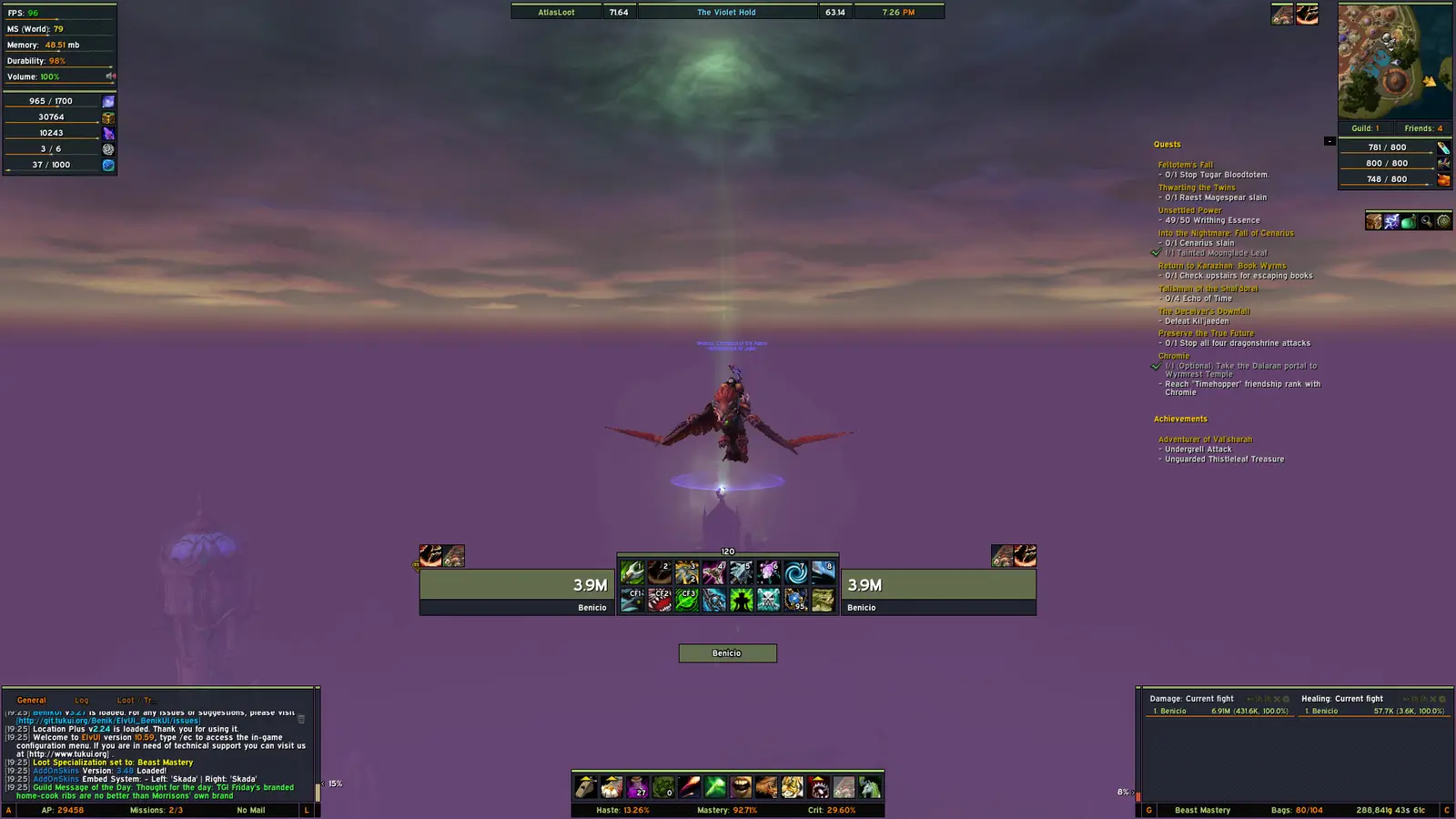 ElvUI layout showing action bars, data panels, chat and quest tracking